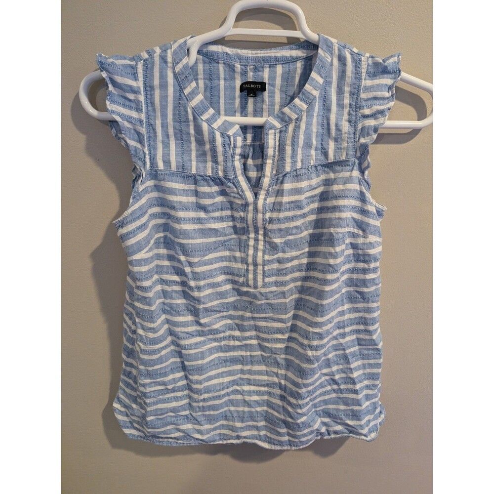 Talbots Top Blue White Striped Sleeveless 100% Cotton Preppy Beach Women's